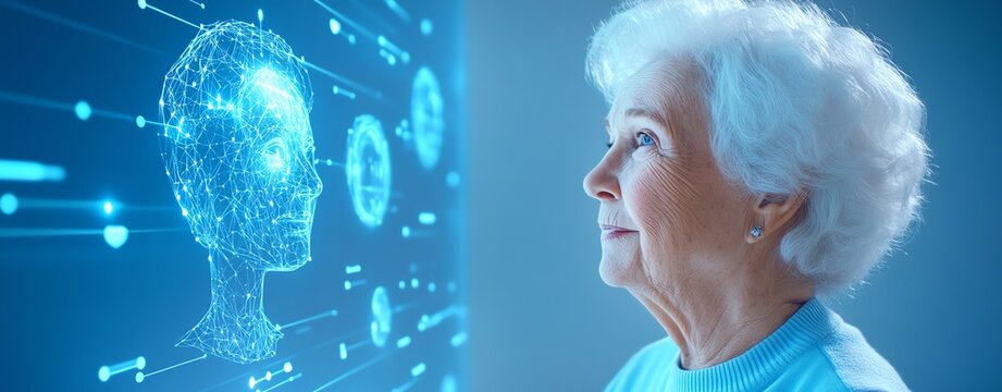 Elderly woman engaging with digital interface.
