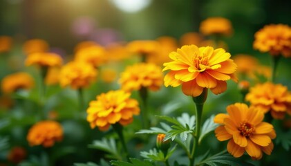 Marigold flowers in a garden bed with other plants, colors, marigold, yellow