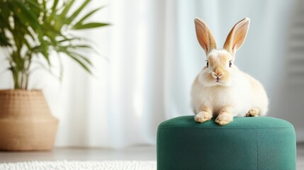 A fluffy and adorable bunny perched on a vibrant green stool surrounded by gentle sunlight, bringing joy and charm to the serene indoor setting filled with plants.