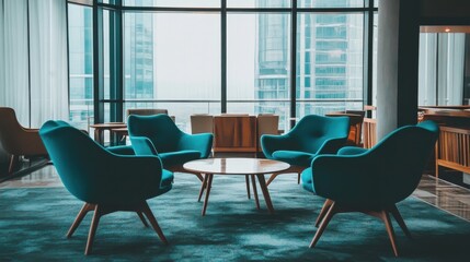 Modern Lounge Area with Stylish Blue Chairs and Elegant View of City Skyscrapers