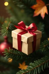 Fototapeta premium Gift box ornament on brown paper wrapped tree branch, rustic, ornament, autumnal