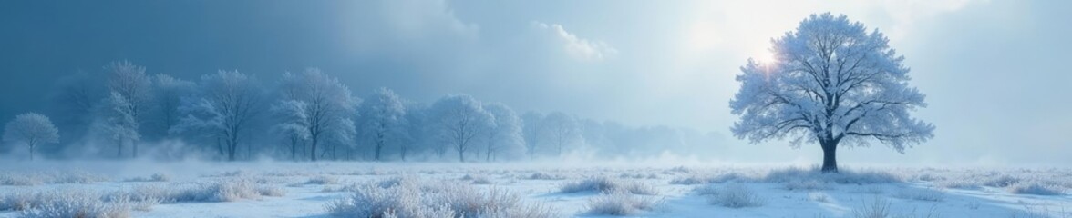 Fototapeta premium Frosty forest with a solitary tree in the background, winter wonderland, serene desolation