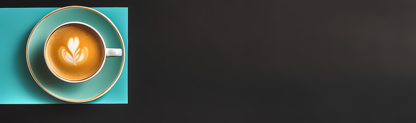 Latte Art and Leisure: A top-down view of a latte, elegantly decorated with a heart-shaped design, sits atop a turquoise saucer and a matching placemat, against a stark background.