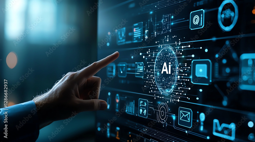 Poster man interacting with virtual hologram displaying ai technology and data visualization, showcasing in