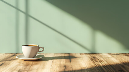 Morning Coffee on Wooden Table: A serene composition featuring a steaming cup of coffee, gracefully resting on a saucer upon a natural wooden table, bathed in soft sunlight against a muted backdrop.