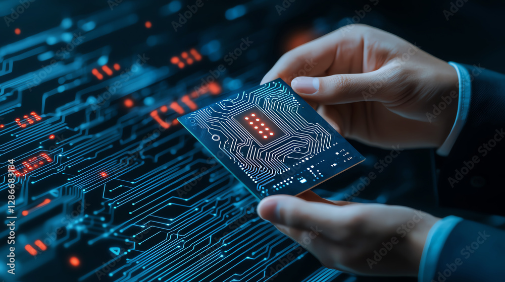 Poster person holding circuit board with intricate designs, showcasing technology and innovation. backgroun