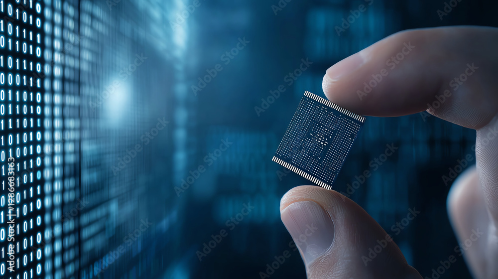 Poster hand holding microchip against digital background with binary code, symbolizing technology and innov