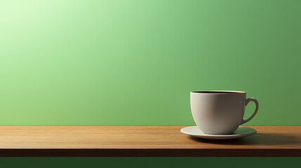 Morning Coffee on Wooden Shelf: A ceramic coffee cup rests on a saucer atop a wooden surface, against a captivating green backdrop, ready to start the day.