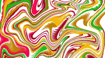 A vibrant abstract digital painting with swirling patterns of red, green, gold, and white, creating a dynamic, fluid motion effect with a marbled texture.