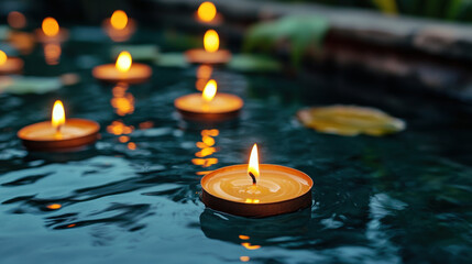 Floating candles illuminate a tranquil water surface, creating a serene ambiance.