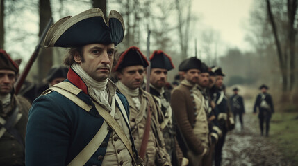 American Colonists in Revolutionary War Uniforms on Battlefield