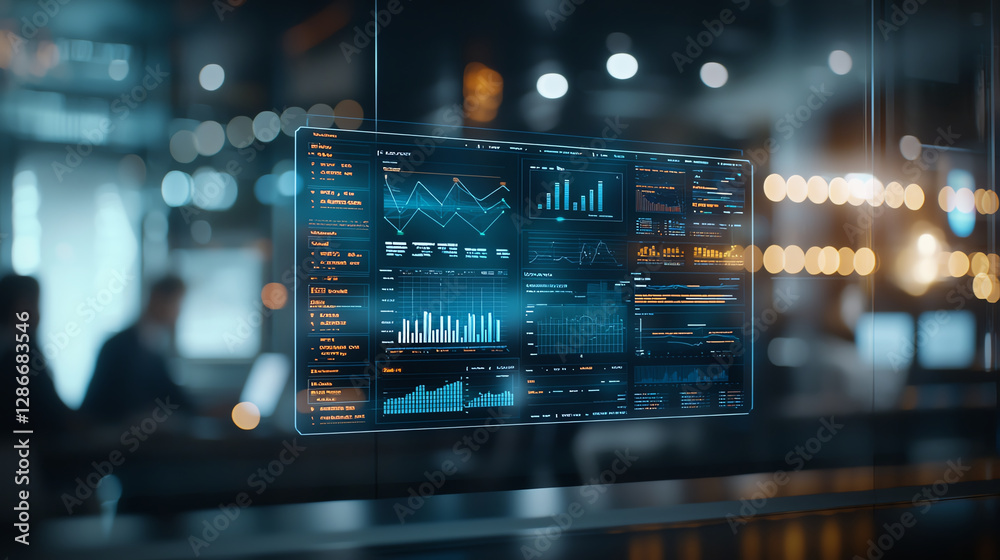 Poster digital hologram of ai interface displays data analytics and graphs in modern office environment, sh