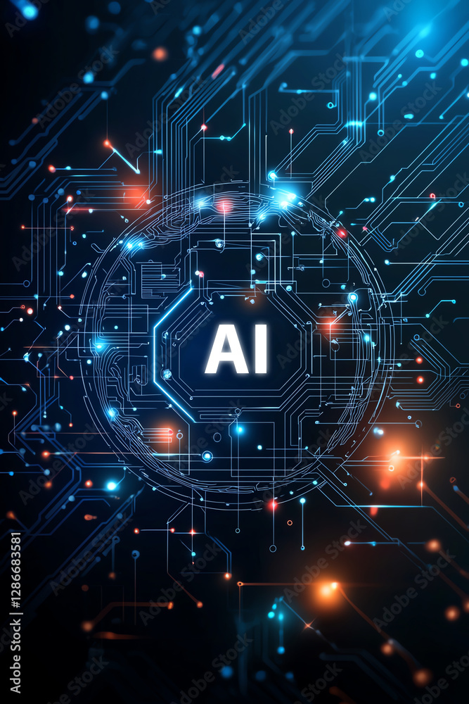 Poster digital representation of artificial intelligence with circuit patterns and glowing elements, showca