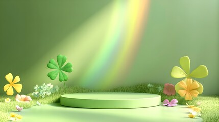 St patrick day podium display with shamrock clover leaves and rainbow on green background. Holiday celebration product showcase platform with copy space for text