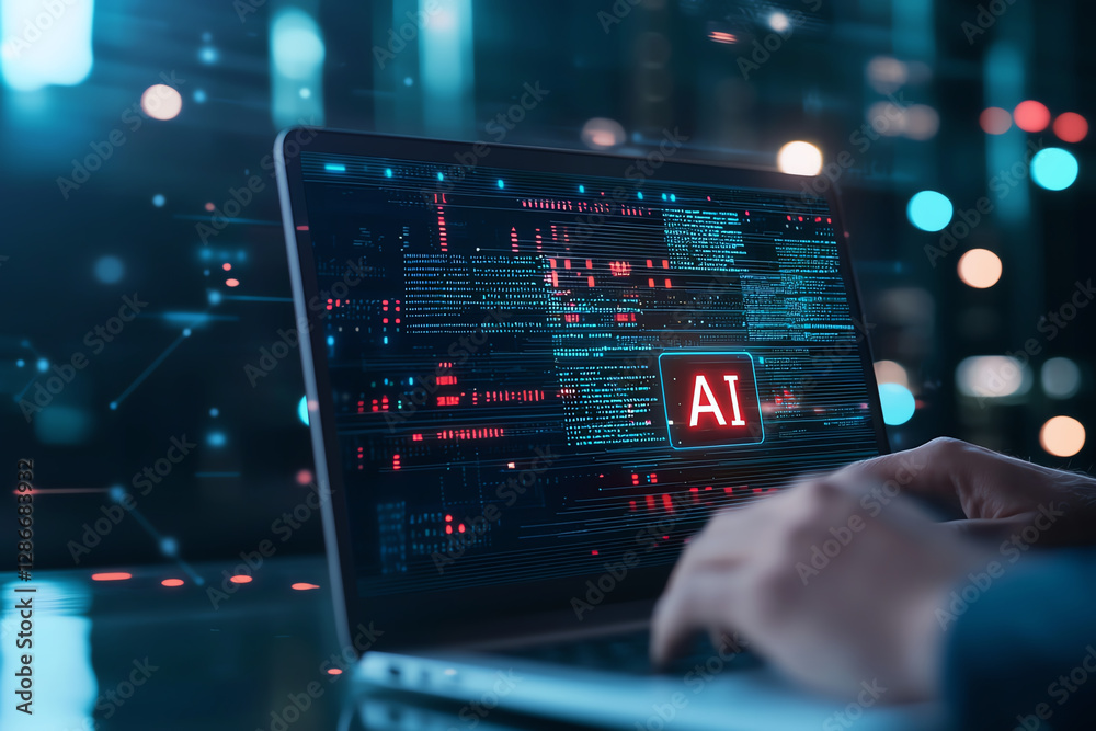 Poster person is using laptop with ai interface, showcasing technology and data analysis. scene is illumina