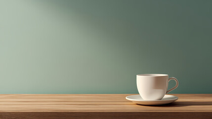 Minimalist Coffee Cup on a Wooden Table: A solitary porcelain coffee cup rests on a saucer, placed atop a natural wood surface, against a smooth, serene backdrop, creating a sense of peace.