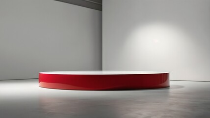 Fototapeta premium Empty red abstract platform with empty space for product placement and design solutions, blank illuminated white background, blank bright step platform white background