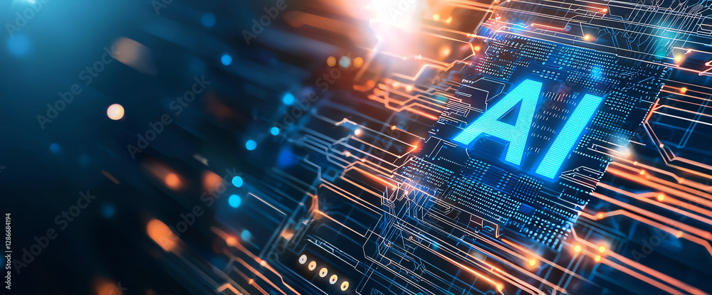 Poster artificial intelligence technology background with glowing circuits and data streams, showcasing con