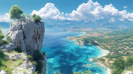 Serene coastal vista bright sunlight bathes turquoise waters idyllic landscape. AI Generated