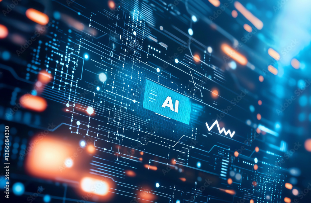 Poster digital circuit board with glowing elements and ai text, representing technology and innovation in a