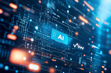 Fototapeta premium Digital circuit board with glowing elements and AI text, representing technology and innovation in artificial intelligence