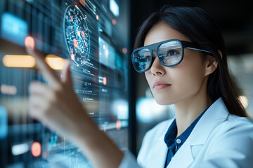 Innovative Asian businesswoman using virtual reality technology to analyze data. She wears stylish glasses and interacts with digital interface, showcasing modern technology professional setting
