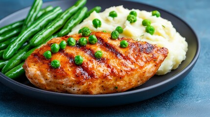 Nutritious plate of chicken breast paired with vibrant green beans and complemented by creamy mashed potatoes