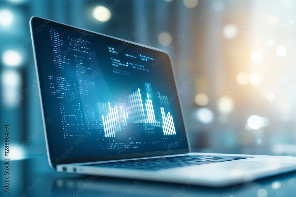 Poster laptop displaying data analytics and graphs in modern setting, showcasing technology and innovation.