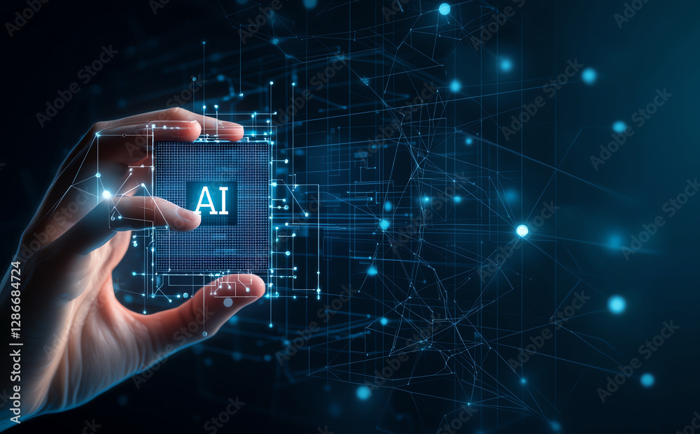 Poster image features hand holding computer chip with ai displayed, surrounded by digital network. this rep