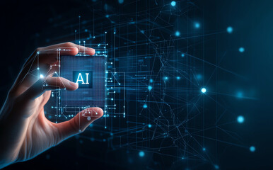 image features hand holding computer chip with AI displayed, surrounded by digital network. This represents integration of artificial intelligence in technology