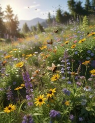 Obraz premium Wildflower patch teeming with bees and butterflies, showcasing the beauty of pollination in nature, nature, environmental