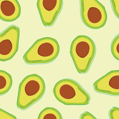 Seamless hand drawn vector, tropical fruits Avocado. Healthy food, vegans. Halves avocado. Botanical, Tropical exotic fruits. For menu, café, wallpaper, fabric, wrapping paper, abstract, cartoon print