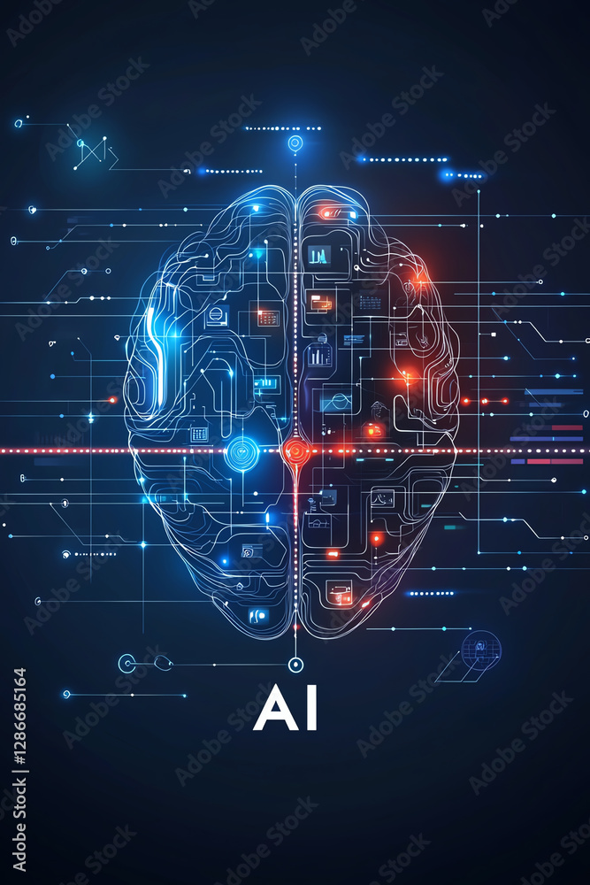 Poster digital brain illustration with ai icons and data visualization, showcasing technology and innovatio