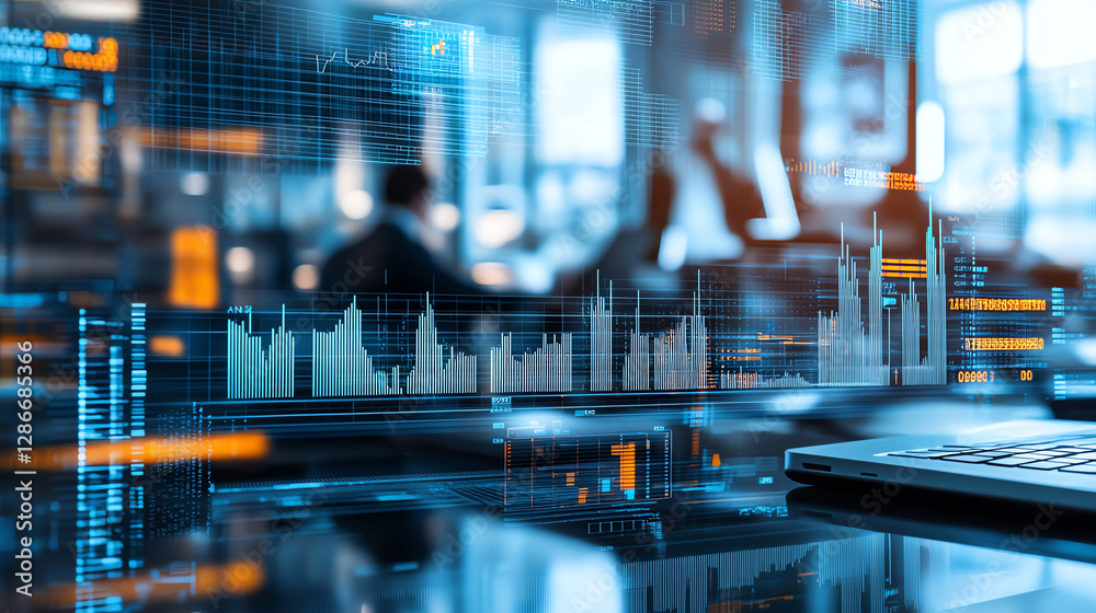 Poster digital background with data visualization and graphs, showcasing technology and analytics in modern