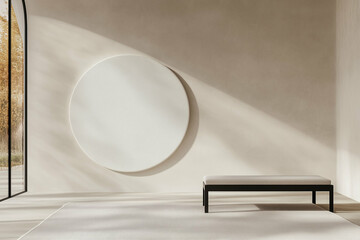 Bench in modern interior with minimalist design. Modern interior features a bench and a circle on the wall. The scene is bathed in natural light creating a serene and inviting atmosphere
