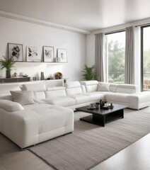 Fototapeta premium White leather sectional sofa in a spacious living room, modular, large, comfortable, entertainment, family room