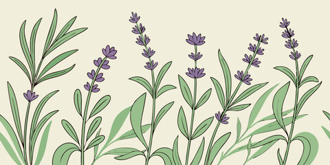 Create a seamless herbal apothecary pattern with lavender, sage, and rosemary.