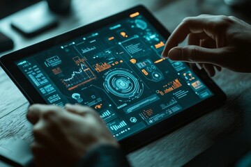 Person using a tablet with futuristic digital dashboard interface showing graphs charts and data visualizations