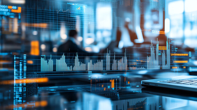 Digital background with data visualization and graphs, showcasing technology and analytics in modern workspace. scene conveys sense of innovation and progress