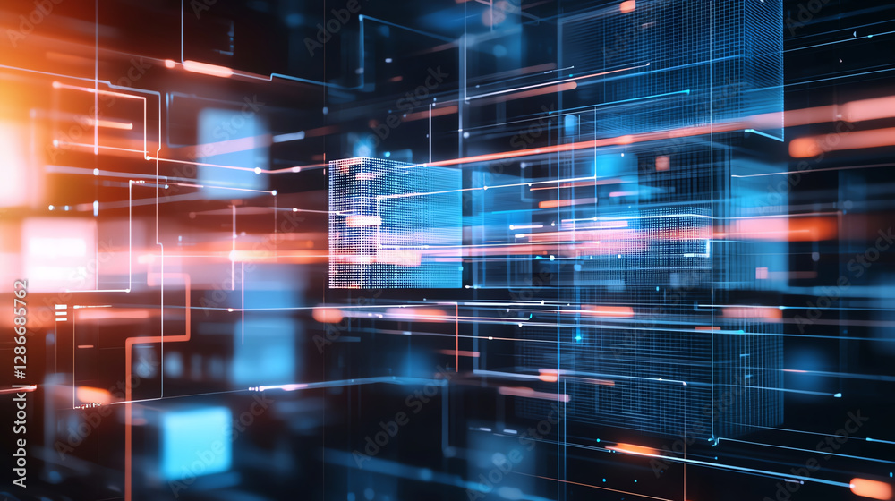 Poster digital abstract background with glowing lines and cubes, representing technology and data flow. vib