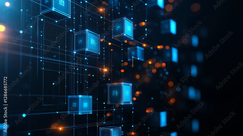 Poster abstract digital background with glowing cubes and connections, representing technology and data flo