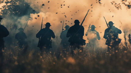 American Civil War Soldiers Advancing on a Smoky Battlefield