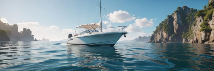 White boat gliding smoothly across crystal clear waters, white sailboat on a lake, stunning white sailboat