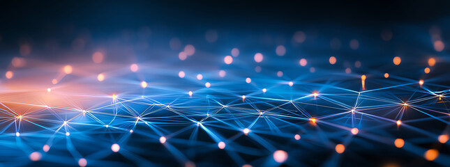 Abstract background with glowing blue and orange lights, creating dynamic and vibrant atmosphere. intricate network of lines and dots evokes sense of technology and innovation