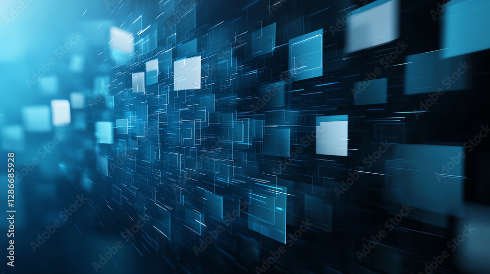 Poster abstract background of blue digital data and code with floating squares, creating sense of depth and