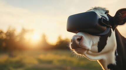 cow wearing virtual reality headset enjoys serene sunset view, showcasing unique blend of technology and nature