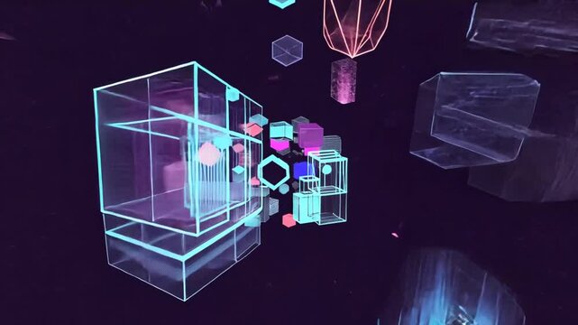 Abstract isometric geometric shapes and objects float in a dark, space-like background.
