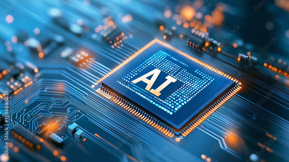 Poster 3d rendering of circuit board chip featuring ai technology, showcasing intricate details and glowing