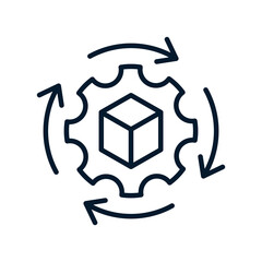 Box, gear, arrows in a circle. Concept logistics, delivery, supply chain. Vector linear icon isolated on white background.