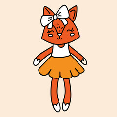 Orange fox in yellow skirt and bow smiling, children's doodle illustration with fox on beige background, character